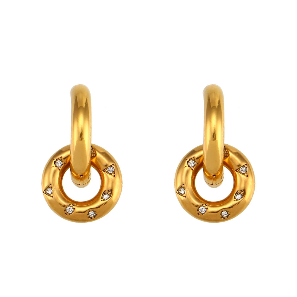 Ebbelle novo cristal pavimentado redondo grosso brincos de argola forma donut pingente de ouro colar conjunto de jóias de aço inoxidável para mulher
