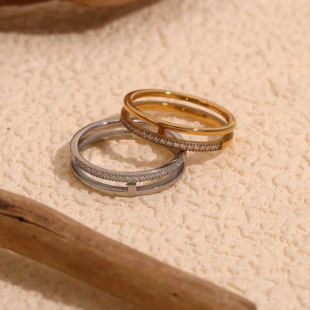 Ebbelle estilo minimalista dupla camada strass anel básico pilha jóias de aço inoxidável 18k banhado a ouro para meninas festa