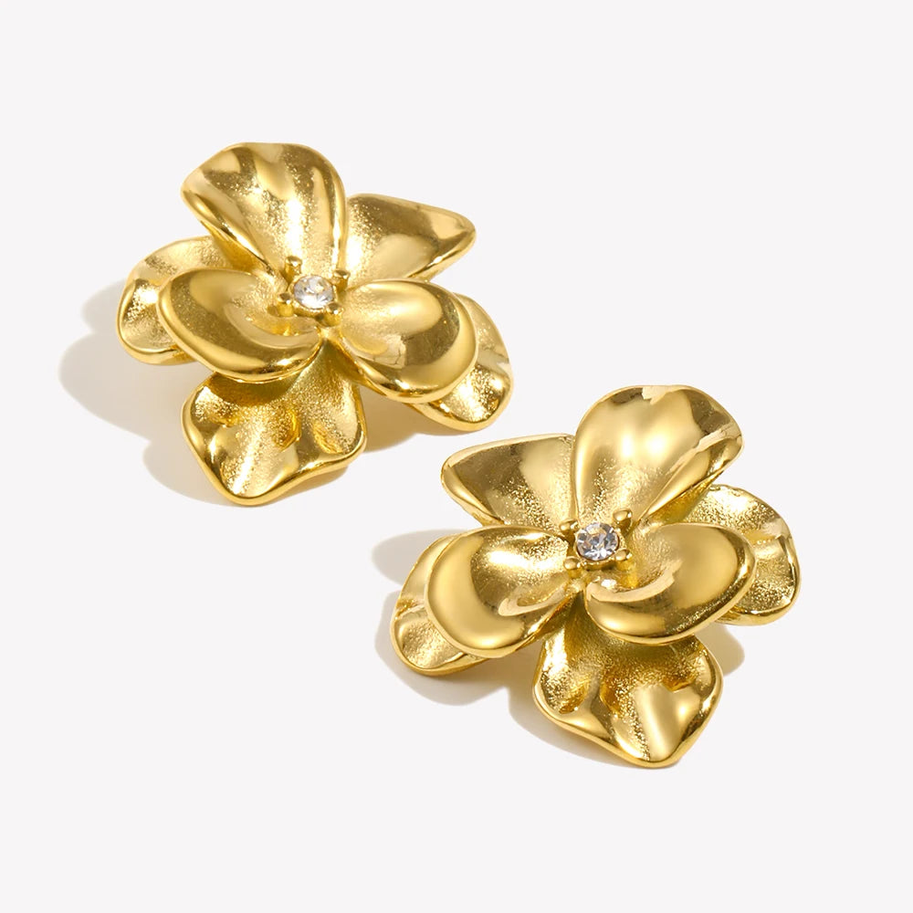 Ebbelle Brincos retrô de flor dupla camada, resistentes à água, acessórios de aço inoxidável 316L, joias banhadas a ouro 18K