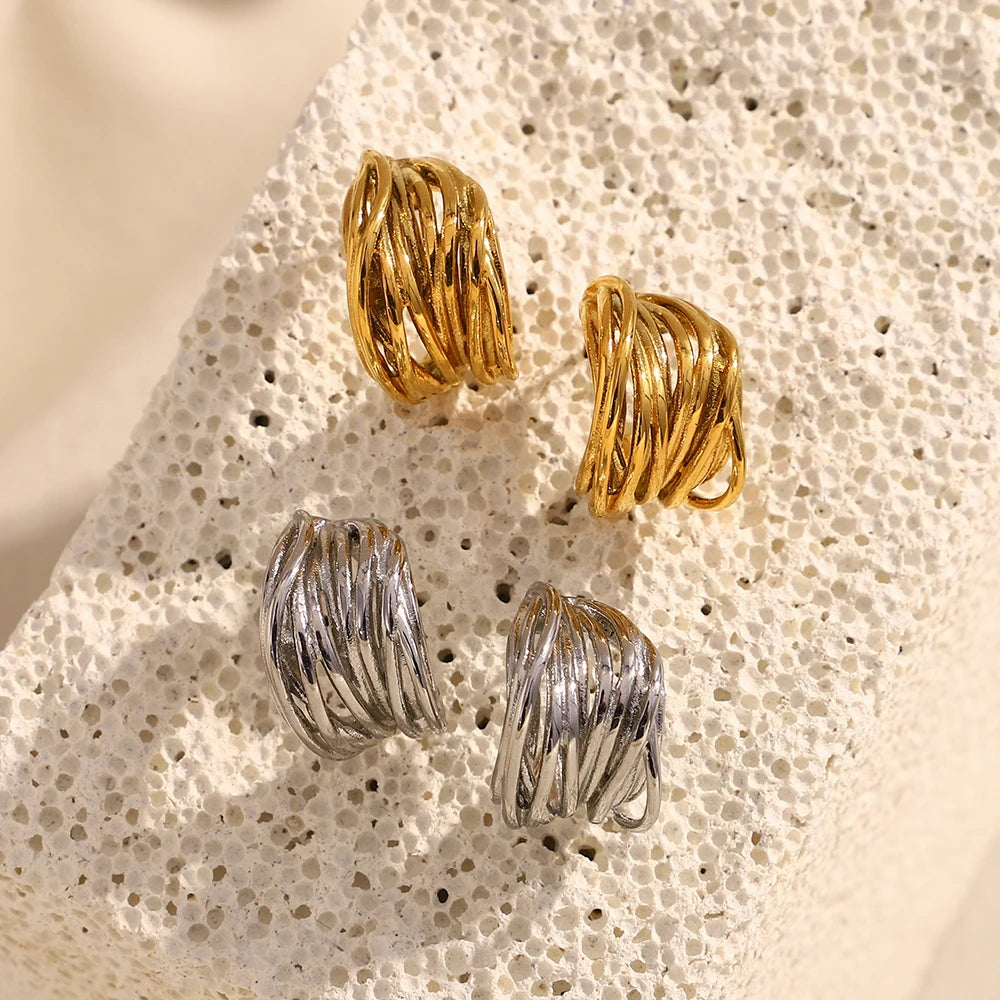 Ebbelle novo em forma de c múltiplas camadas linhas brinco de aço inoxidável 18k banhado a ouro festa simples jóias femininas
