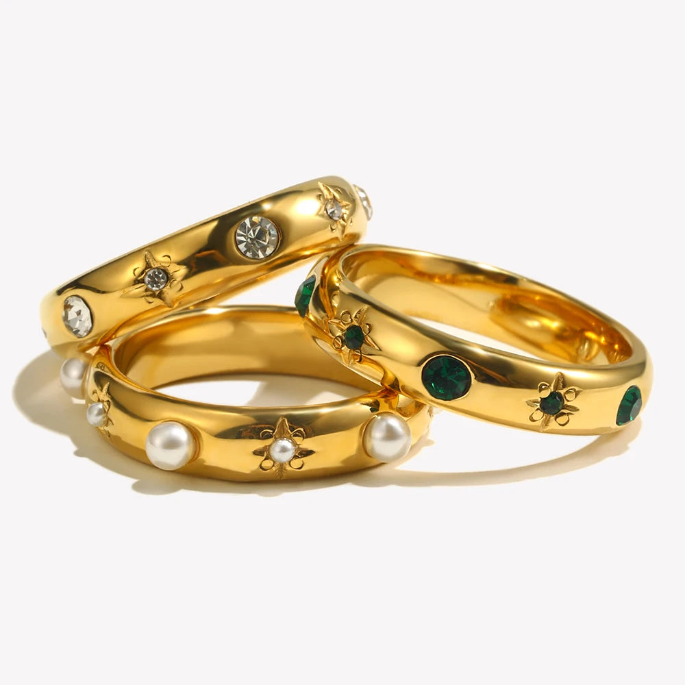 Ebbelle 18K banhado a ouro verde zircão pérola anéis para mulheres à prova d'água hipoalergênico delicado anel de ouro joias de aço inoxidável