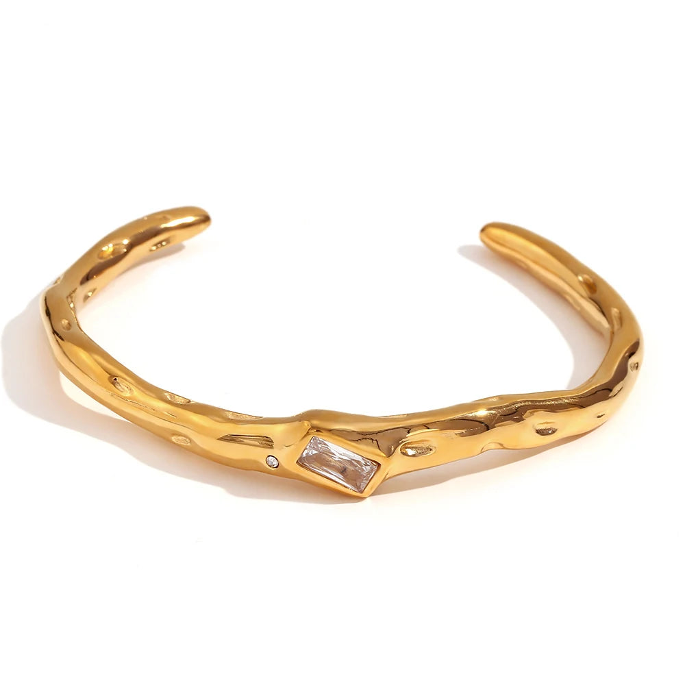 Ebbelle Pulseira de zircão retangular de abertura irregular 18K banhada a ouro cor verde pulseiras de mão femininas de aço inoxidável 316L