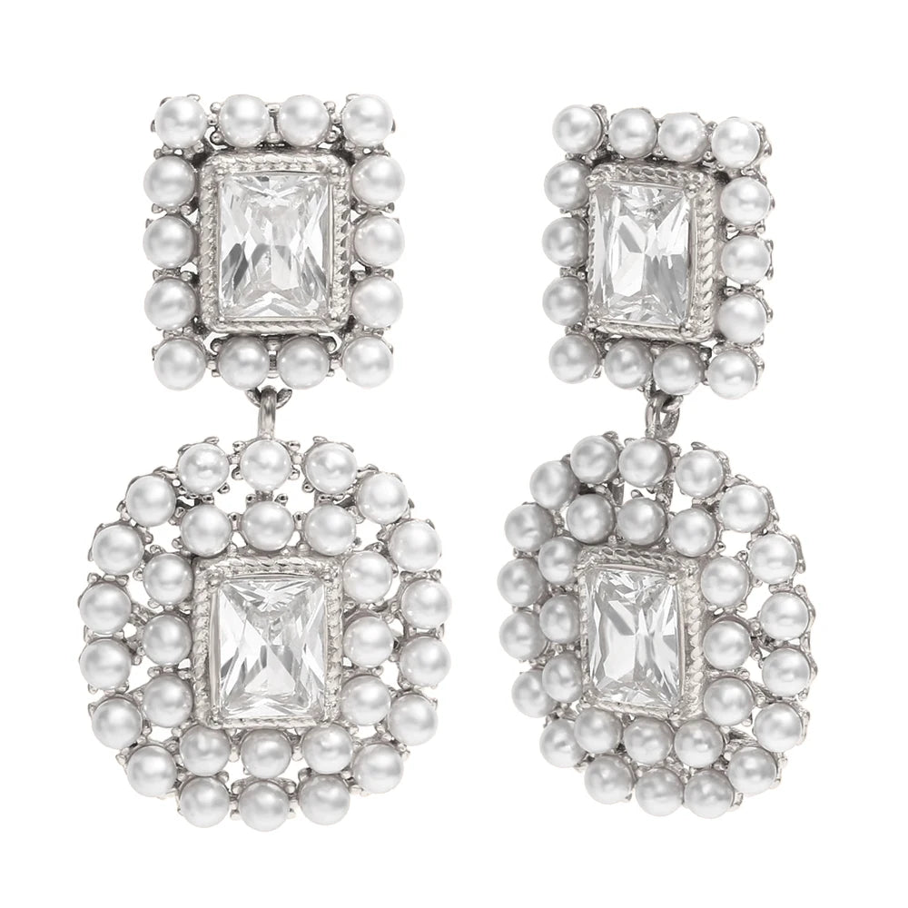 Ebbelle moda 18k banhado a ouro luxo emendado quadrado zircão completo pérola brincos feminino festa chique jóias não manchado