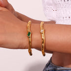 Ebbelle Pulseira de zircão retangular de abertura irregular 18K banhada a ouro cor verde pulseiras de mão femininas de aço inoxidável 316L
