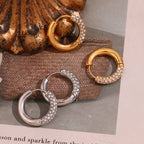 E.B.belle Brincos circulares semi-incrustados de zircônia, cor prata, aço inoxidável 316L, brincos femininos, joias banhadas a ouro 18K