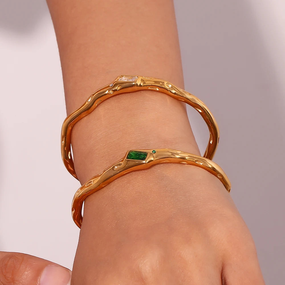 Ebbelle Pulseira de zircão retangular de abertura irregular 18K banhada a ouro cor verde pulseiras de mão femininas de aço inoxidável 316L