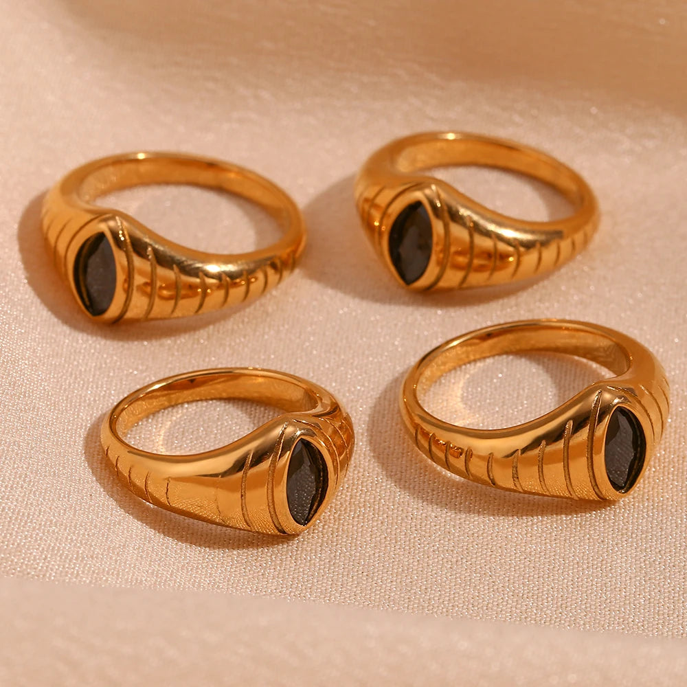 E.B.belle Anéis de sinete texturizados em forma de olho de zircônia cúbica preta para mulheres anéis de dedo de aço inoxidável banhados a ouro 18K para mulheres
