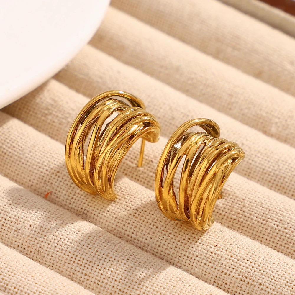 Ebbelle novo em forma de c múltiplas camadas linhas brinco de aço inoxidável 18k banhado a ouro festa simples jóias femininas