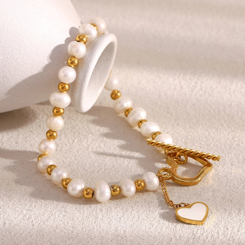 Ebbelle pérola corrente ot fivela coração pingente pulseira para mulheres de aço inoxidável hipoalergênico festa moda jóias