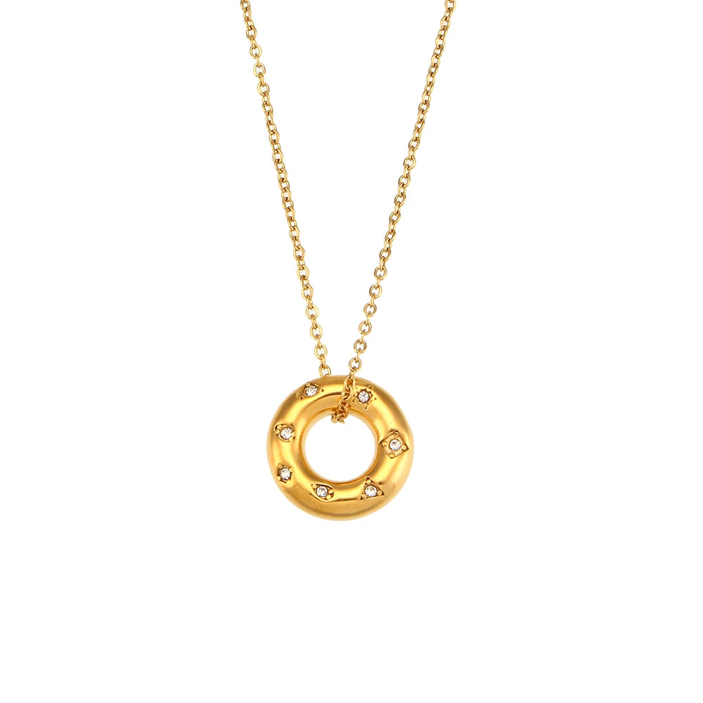 Ebbelle novo cristal pavimentado redondo grosso brincos de argola forma donut pingente de ouro colar conjunto de jóias de aço inoxidável para mulher