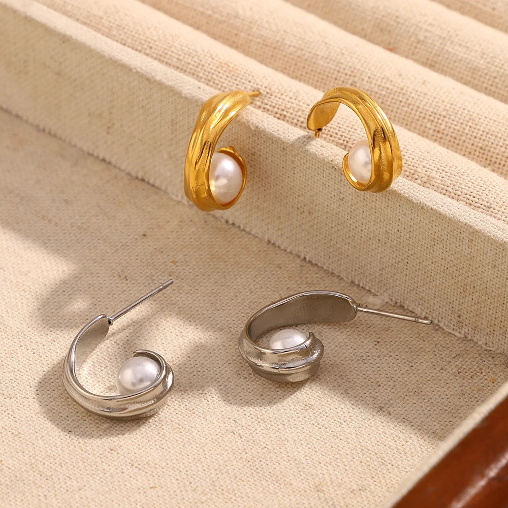 Ebbelle moda craetive clipe em forma de c pérola brinco 18k banhado a ouro aço inoxidável festa feminino orelha jóias presente