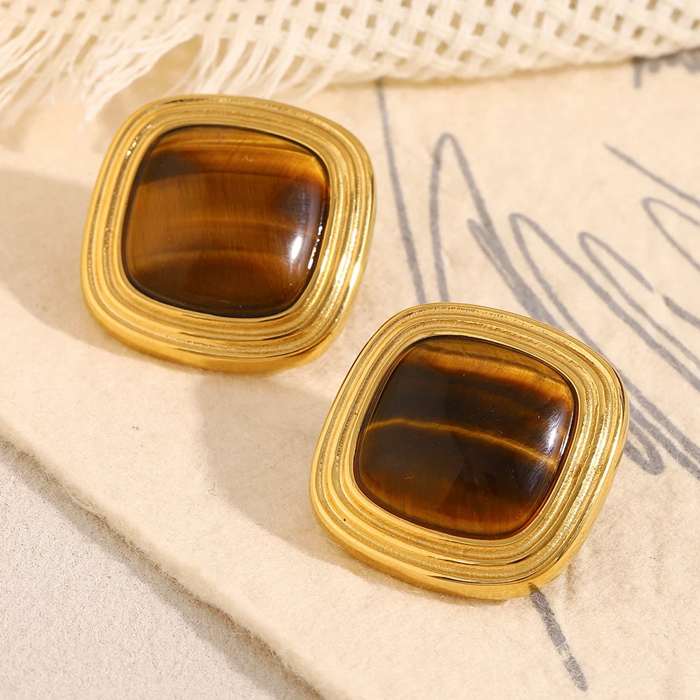 Ebbelle estilo vintage quadrado olho de tigre pedra brinco para mulheres aço inoxidável férias praia festa orelha jóias
