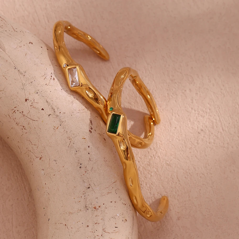 Ebbelle Pulseira de zircão retangular de abertura irregular 18K banhada a ouro cor verde pulseiras de mão femininas de aço inoxidável 316L