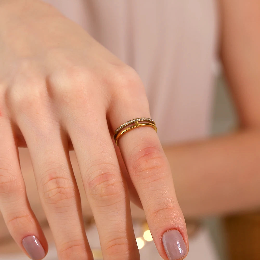 Ebbelle estilo minimalista dupla camada strass anel básico pilha jóias de aço inoxidável 18k banhado a ouro para meninas festa