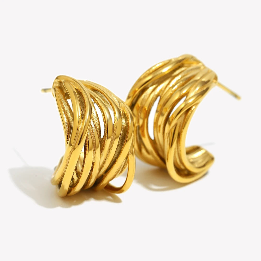 Ebbelle novo em forma de c múltiplas camadas linhas brinco de aço inoxidável 18k banhado a ouro festa simples jóias femininas