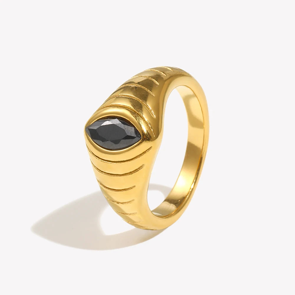 E.B.belle Anéis de sinete texturizados em forma de olho de zircônia cúbica preta para mulheres anéis de dedo de aço inoxidável banhados a ouro 18K para mulheres