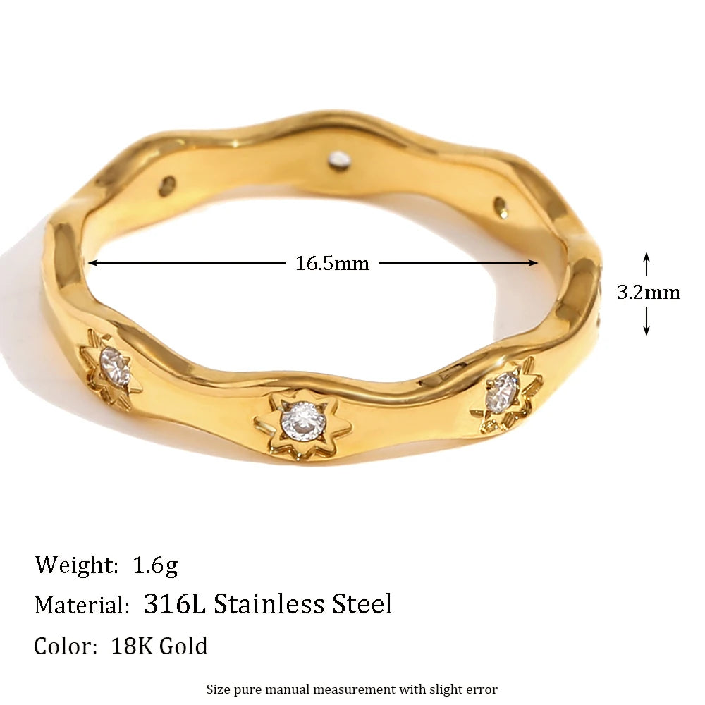 Ebbelle strass oito awn estrela forma de onda anel de aço inoxidável 18k banhado a ouro requintado jóias femininas para festa namoro