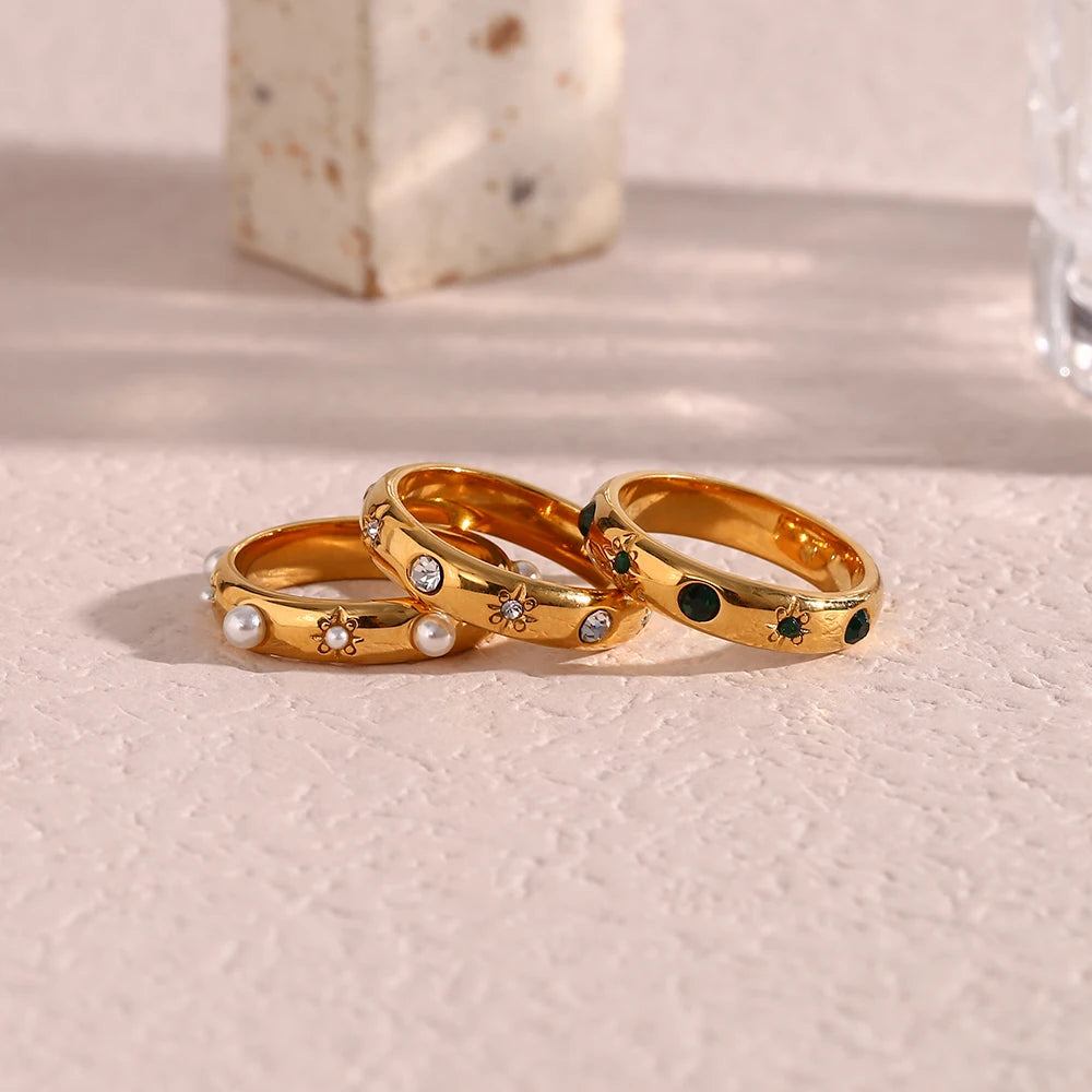 Ebbelle 18K banhado a ouro verde zircão pérola anéis para mulheres à prova d'água hipoalergênico delicado anel de ouro joias de aço inoxidável
