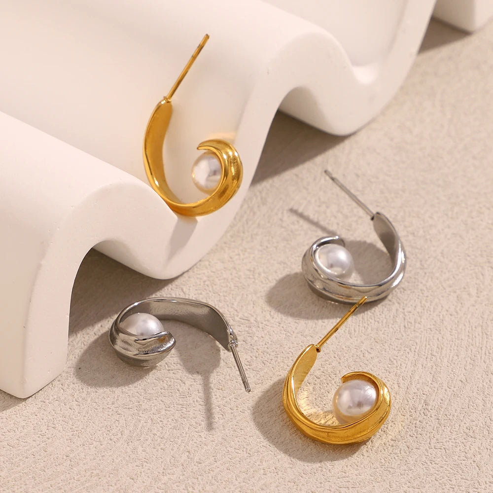 Ebbelle moda craetive clipe em forma de c pérola brinco 18k banhado a ouro aço inoxidável festa feminino orelha jóias presente