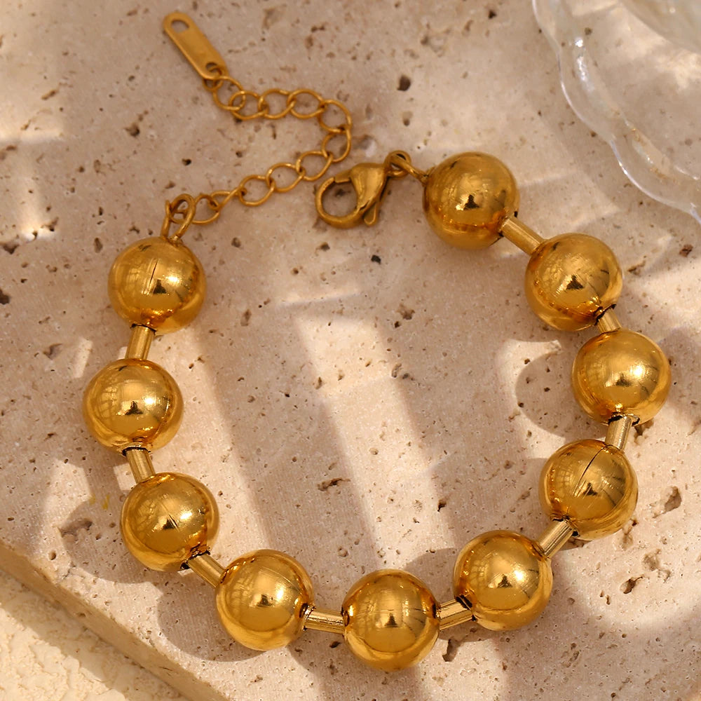 Ebbelle estilo clássico banhado a ouro contas redondas pulseira de aço inoxidável brilhante hipoalergênico à prova d'água joias femininas