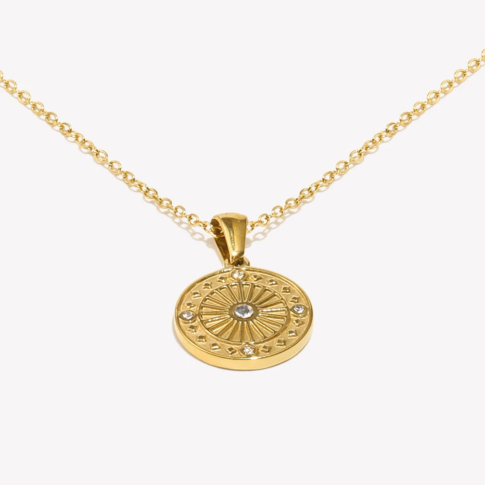 Clássico minimalista redondo banhado a ouro colares de moedas para mulheres, aço inoxidável, impermeável círculo pingente colarinho, cor prata