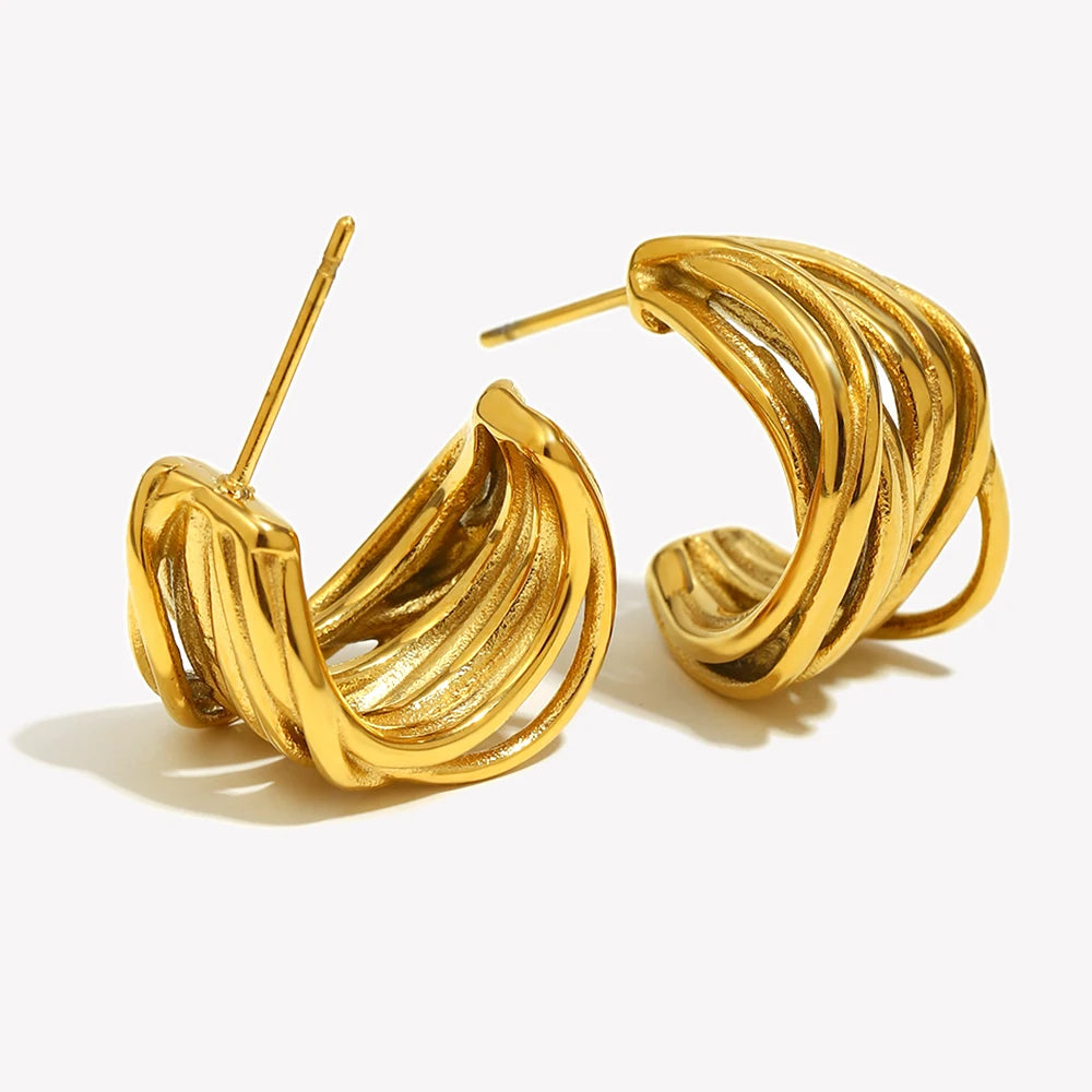 Ebbelle novo em forma de c múltiplas camadas linhas brinco de aço inoxidável 18k banhado a ouro festa simples jóias femininas