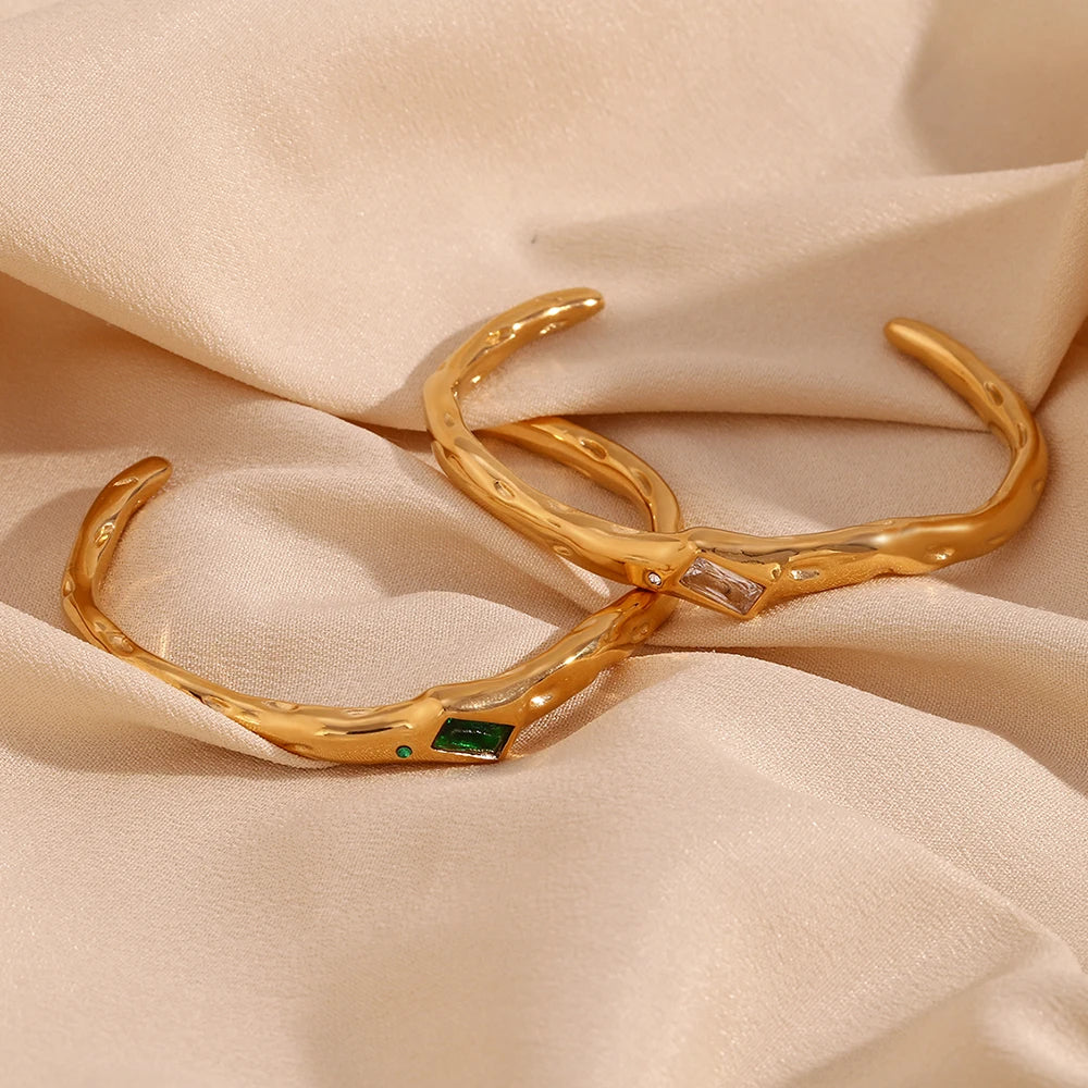 Ebbelle Pulseira de zircão retangular de abertura irregular 18K banhada a ouro cor verde pulseiras de mão femininas de aço inoxidável 316L