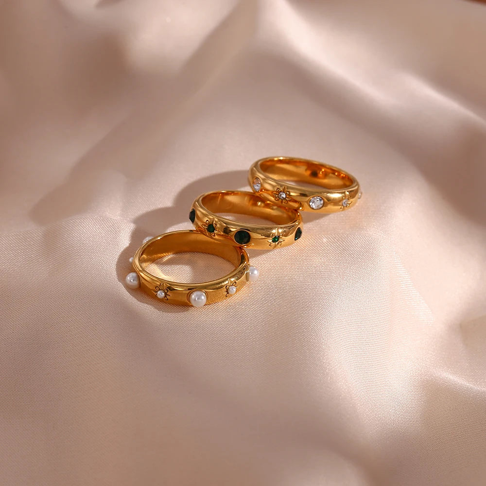 Ebbelle 18K banhado a ouro verde zircão pérola anéis para mulheres à prova d'água hipoalergênico delicado anel de ouro joias de aço inoxidável