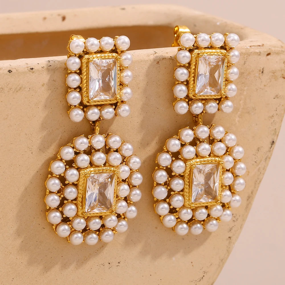 Ebbelle moda 18k banhado a ouro luxo emendado quadrado zircão completo pérola brincos feminino festa chique jóias não manchado