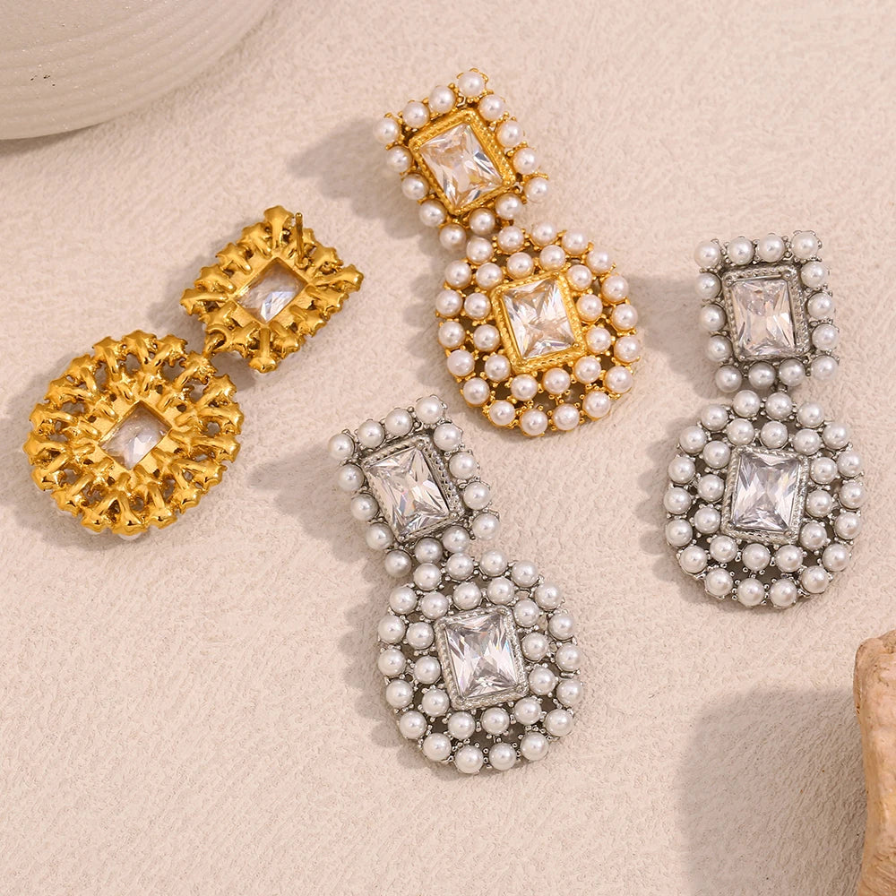 Ebbelle moda 18k banhado a ouro luxo emendado quadrado zircão completo pérola brincos feminino festa chique jóias não manchado