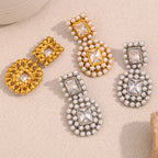 Ebbelle moda 18k banhado a ouro luxo emendado quadrado zircão completo pérola brincos feminino festa chique jóias não manchado