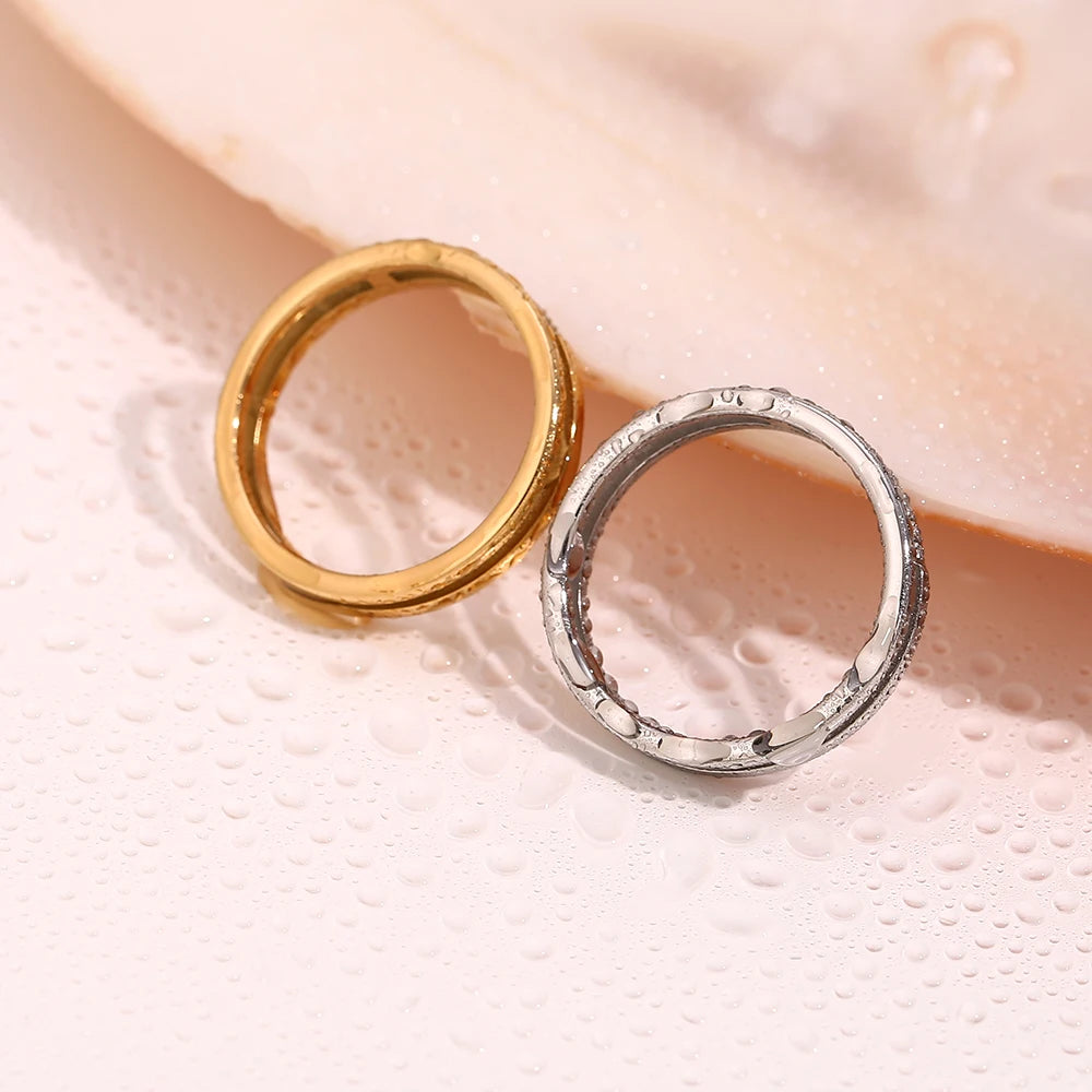 Ebbelle estilo minimalista dupla camada strass anel básico pilha jóias de aço inoxidável 18k banhado a ouro para meninas festa
