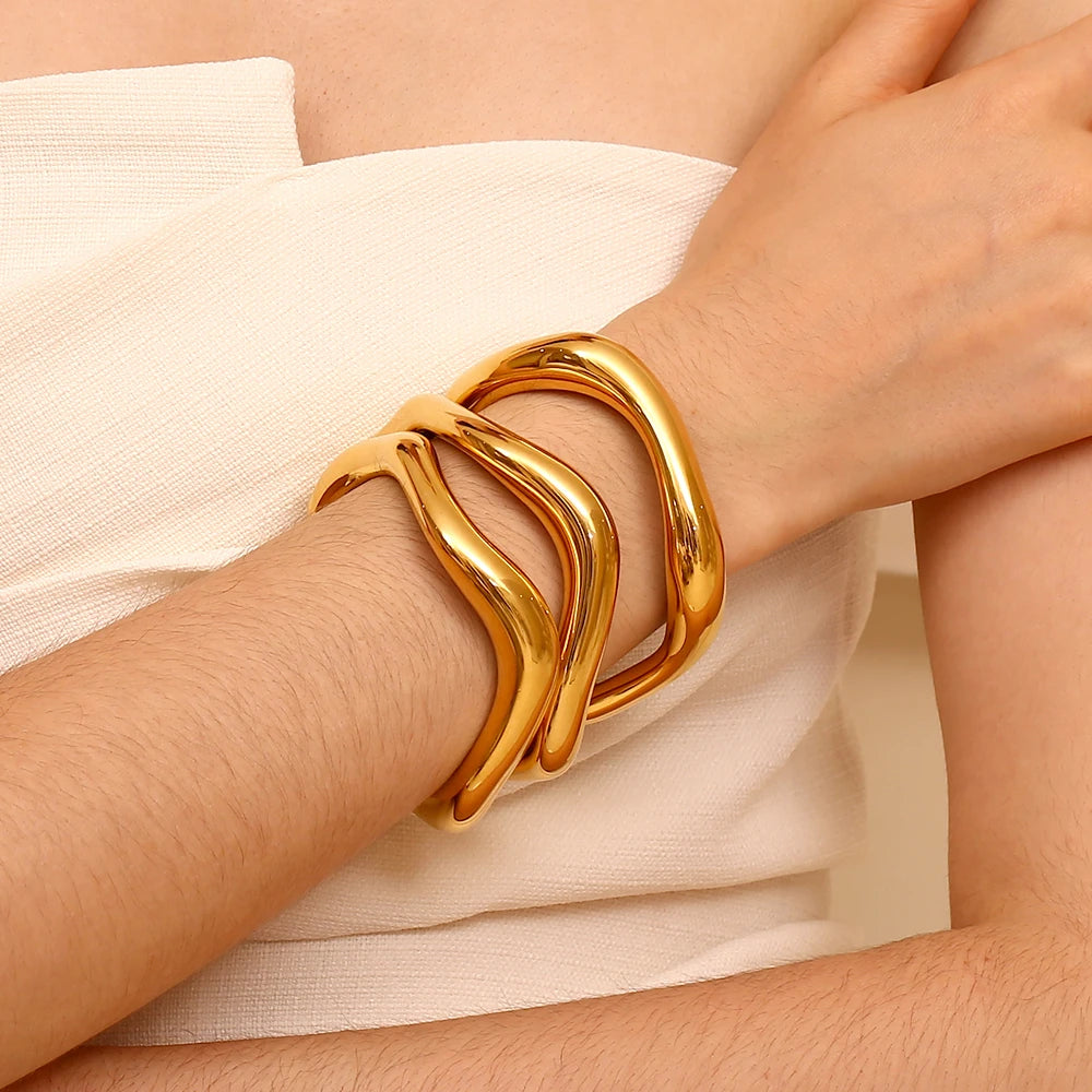 Ebbelle Pulseira aberta de onda líquida irregular exagerada banhada a ouro 18K pulseiras de mão femininas joias de aço inoxidável