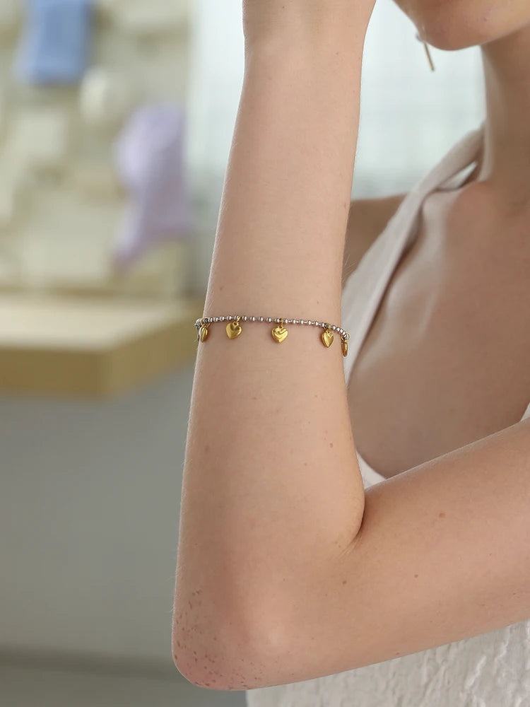 Ebbelle Pulseira criativa de cor mista redonda com miçangas coração pulseira banhada a ouro 18K joias da moda em aço inoxidável