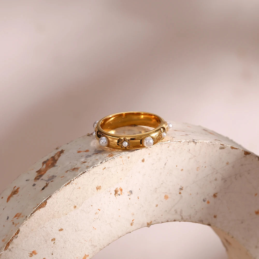 Ebbelle 18K banhado a ouro verde zircão pérola anéis para mulheres à prova d'água hipoalergênico delicado anel de ouro joias de aço inoxidável