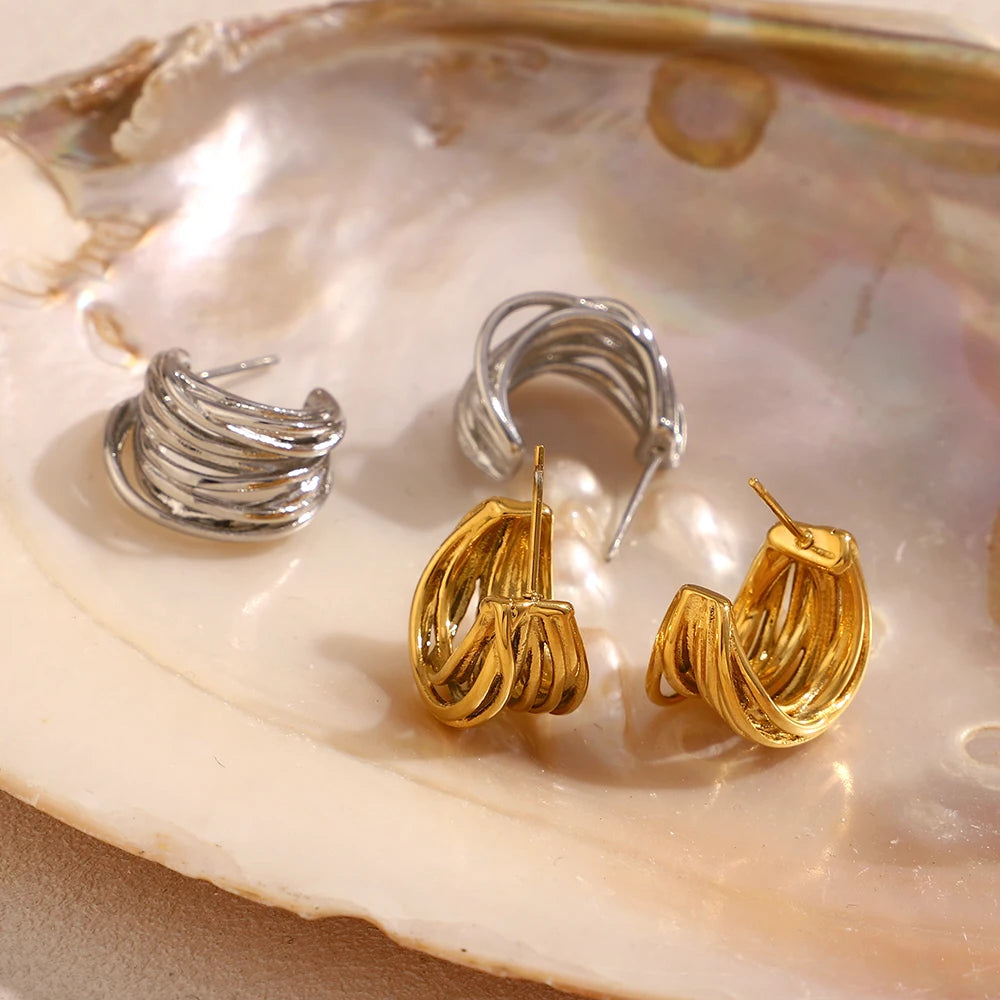 Ebbelle novo em forma de c múltiplas camadas linhas brinco de aço inoxidável 18k banhado a ouro festa simples jóias femininas