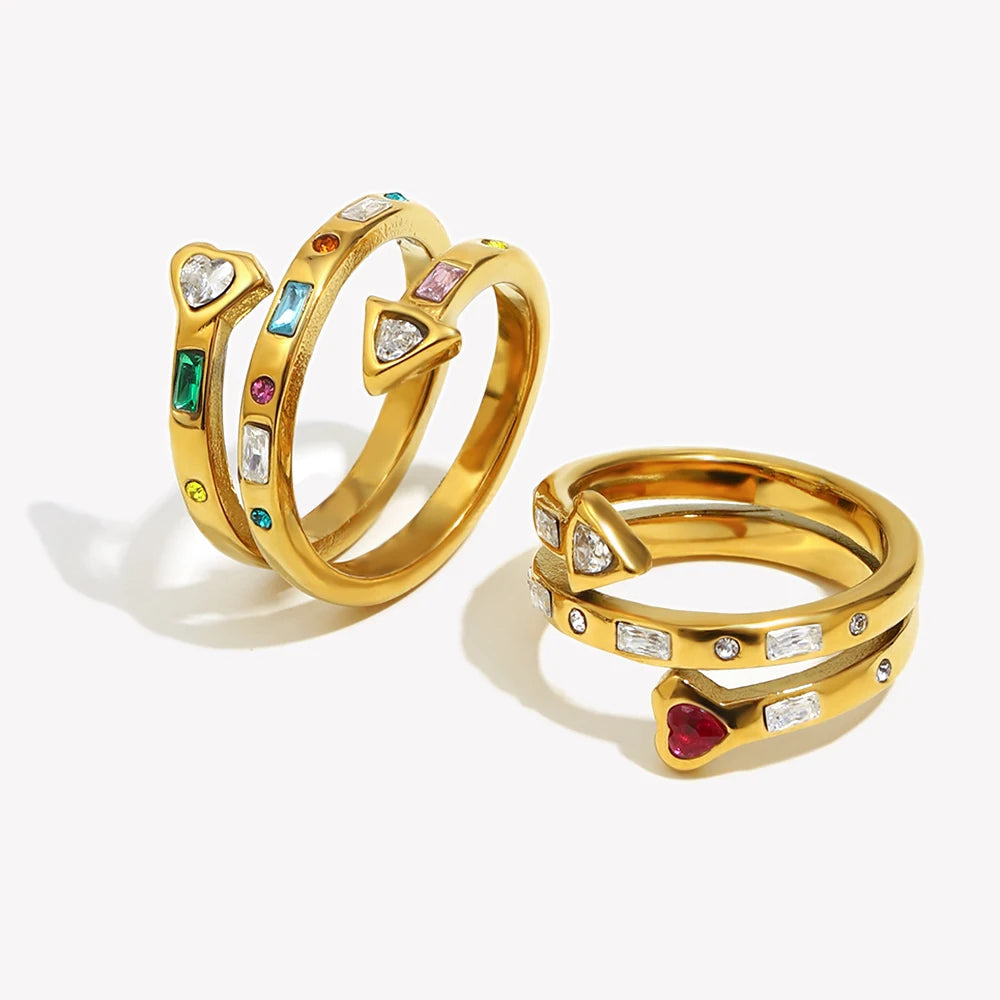 E.B. Belle-Three Layer Coração e Seta Zircon Anel Aberto, Jóias em Aço Inoxidável 316L, Acessórios Banhados a Ouro 18K