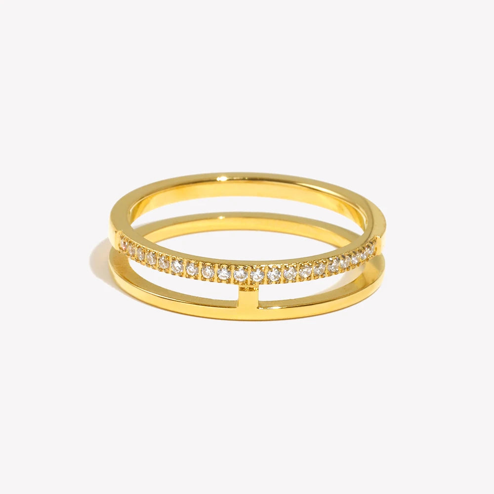 Ebbelle estilo minimalista dupla camada strass anel básico pilha jóias de aço inoxidável 18k banhado a ouro para meninas festa