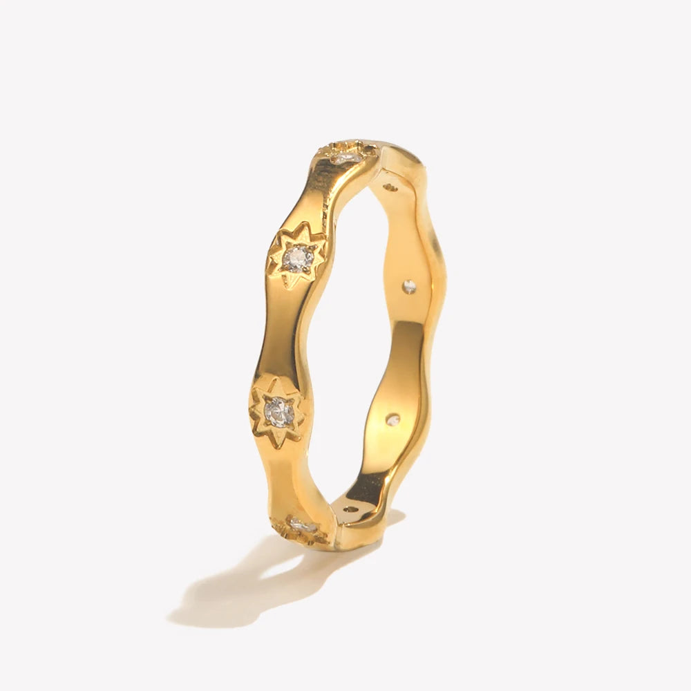 Ebbelle strass oito awn estrela forma de onda anel de aço inoxidável 18k banhado a ouro requintado jóias femininas para festa namoro