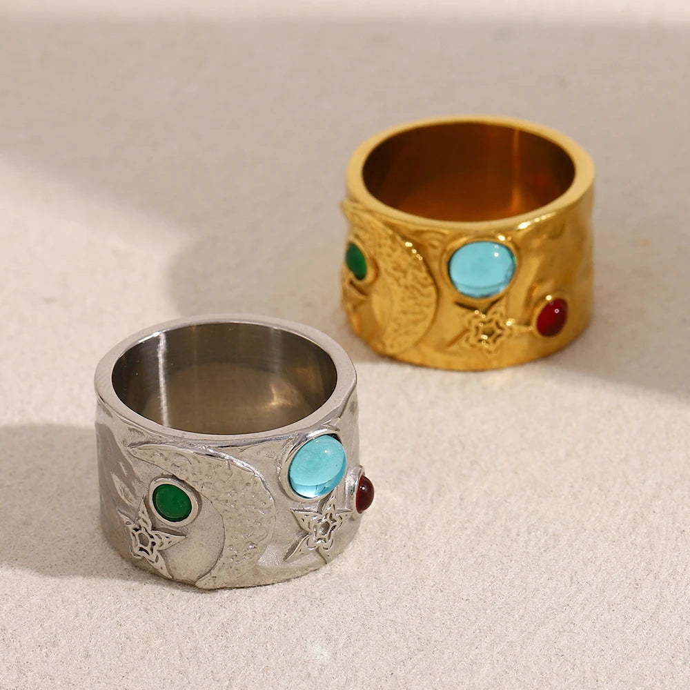 Ebbelle Anel de pedra preciosa de cor azul verde com relevo largo e suave banhado a ouro em aço inoxidável para festa feminina joias presentes