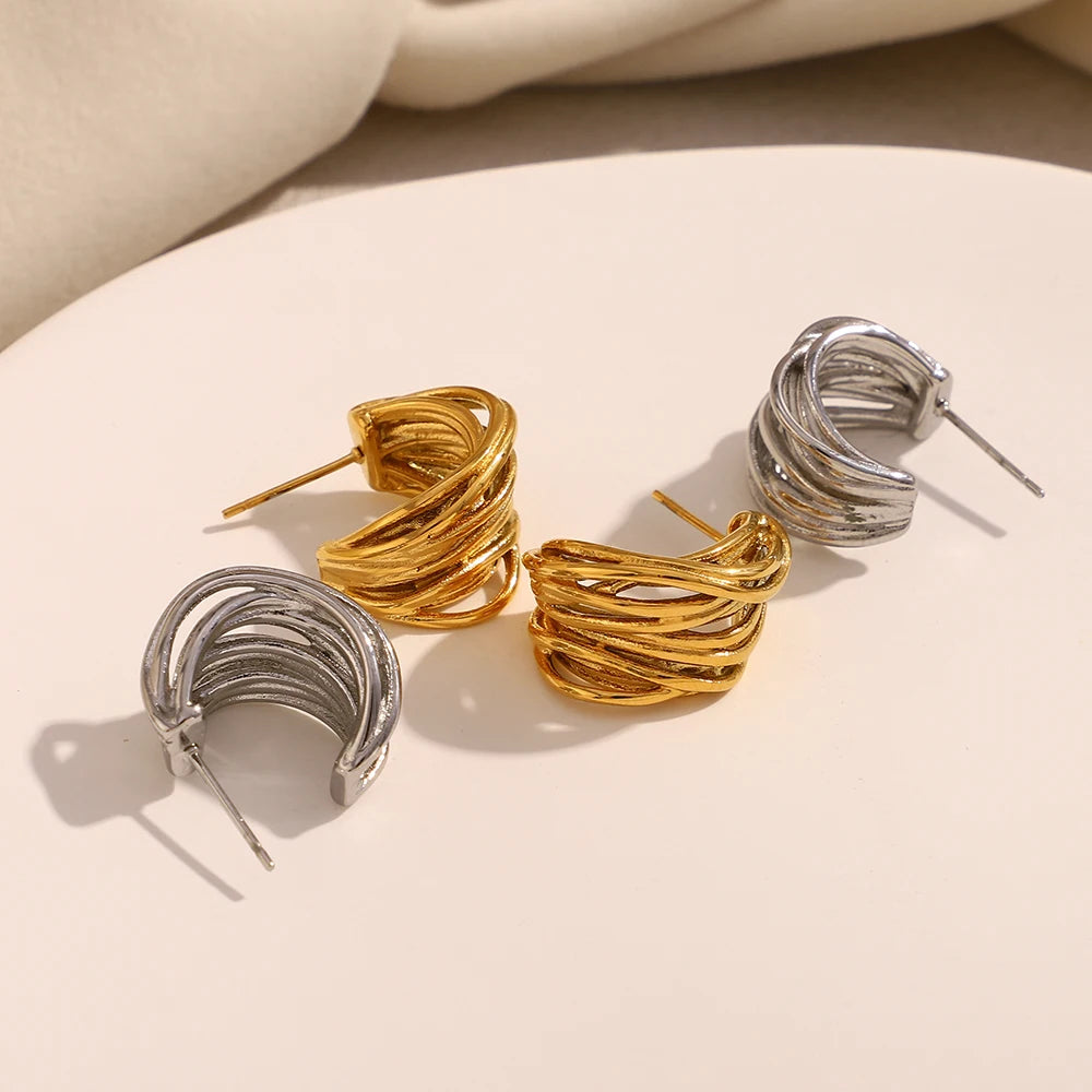 Ebbelle novo em forma de c múltiplas camadas linhas brinco de aço inoxidável 18k banhado a ouro festa simples jóias femininas