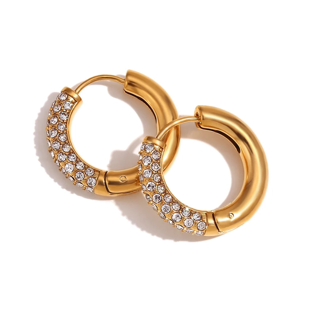 E.B.belle Brincos circulares semi-incrustados de zircônia, cor prata, aço inoxidável 316L, brincos femininos, joias banhadas a ouro 18K