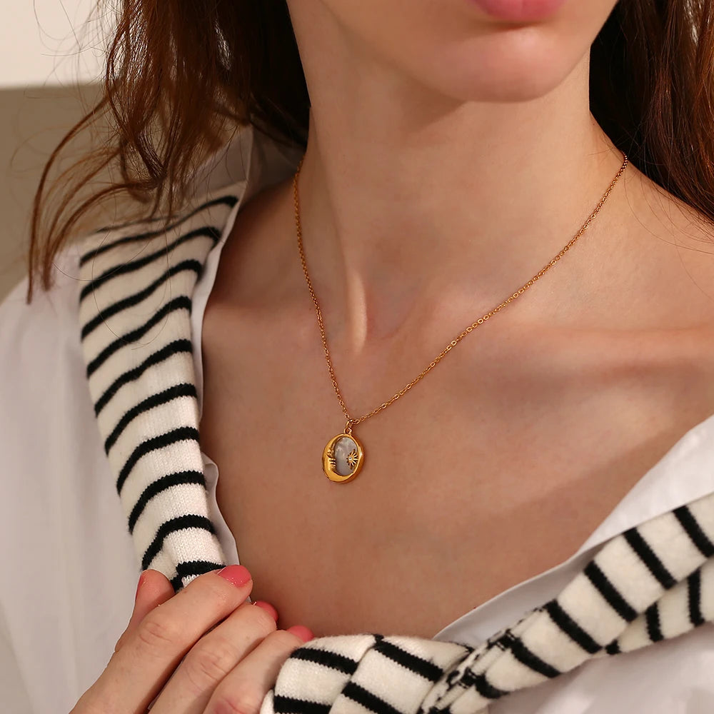 Ebbelle natural mãe de pérola fundição lua estrela círculo moeda colar para mulher 18k banhado a ouro jóias de aço inoxidável