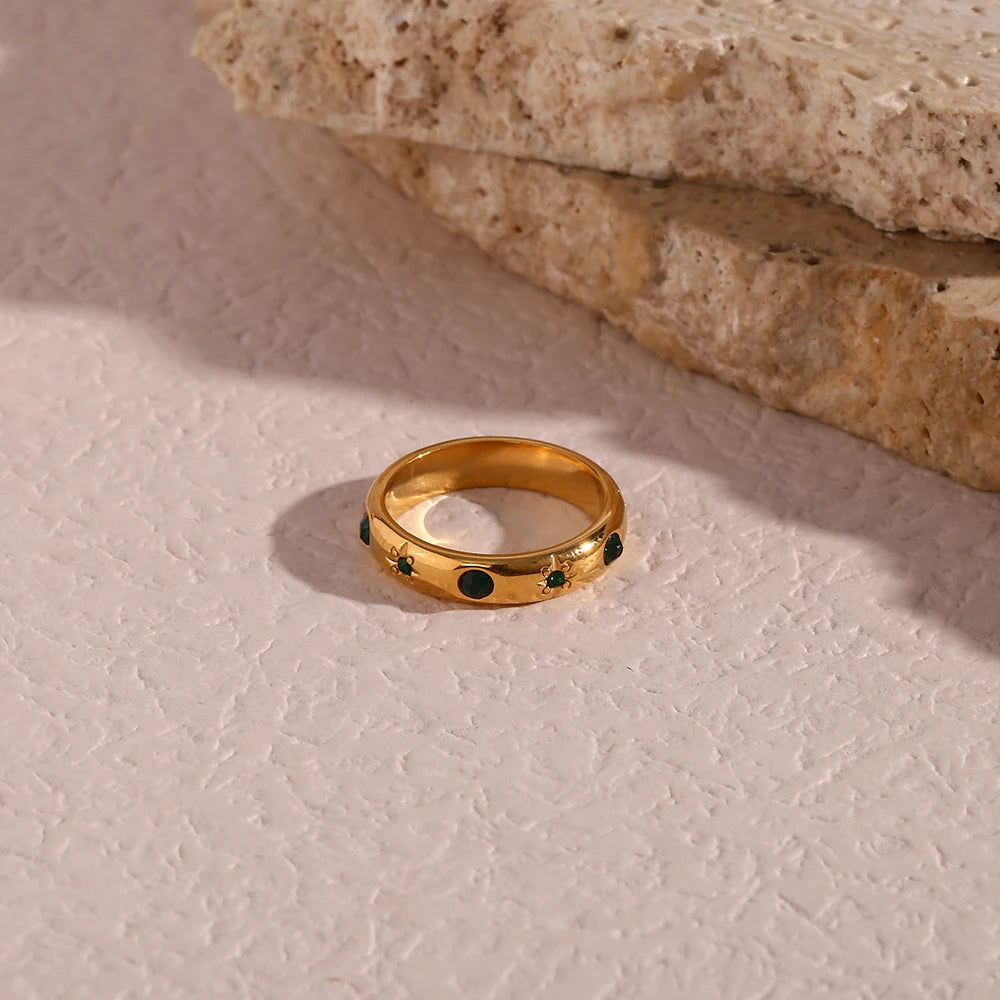 Ebbelle 18K banhado a ouro verde zircão pérola anéis para mulheres à prova d'água hipoalergênico delicado anel de ouro joias de aço inoxidável