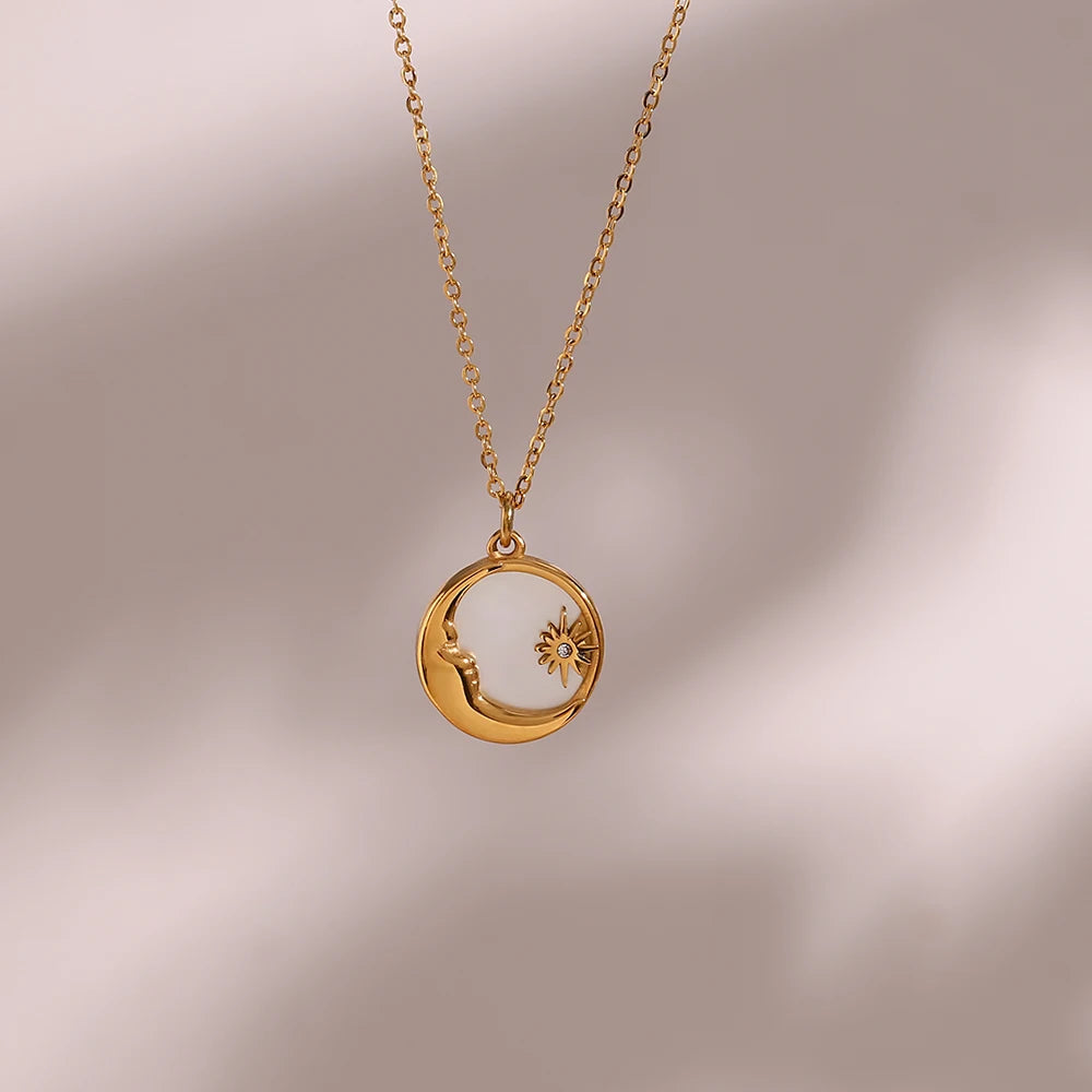 Ebbelle natural mãe de pérola fundição lua estrela círculo moeda colar para mulher 18k banhado a ouro jóias de aço inoxidável