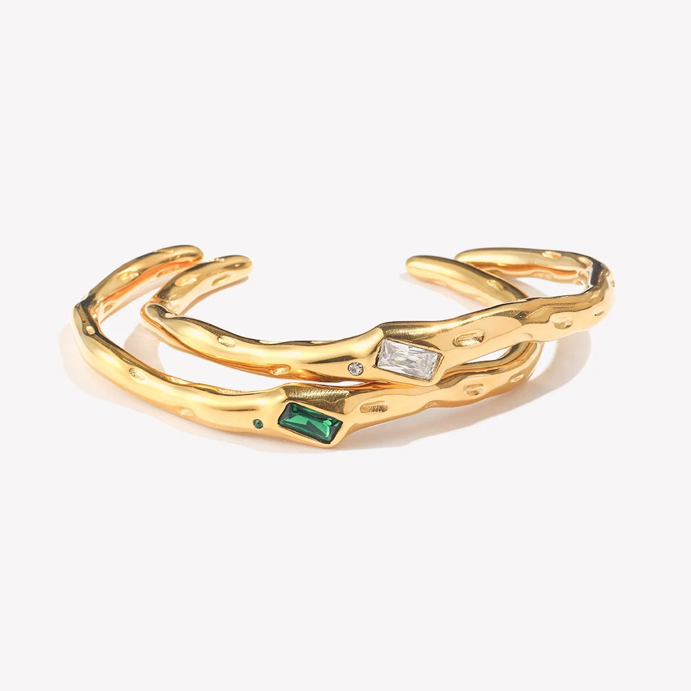 Ebbelle Pulseira de zircão retangular de abertura irregular 18K banhada a ouro cor verde pulseiras de mão femininas de aço inoxidável 316L
