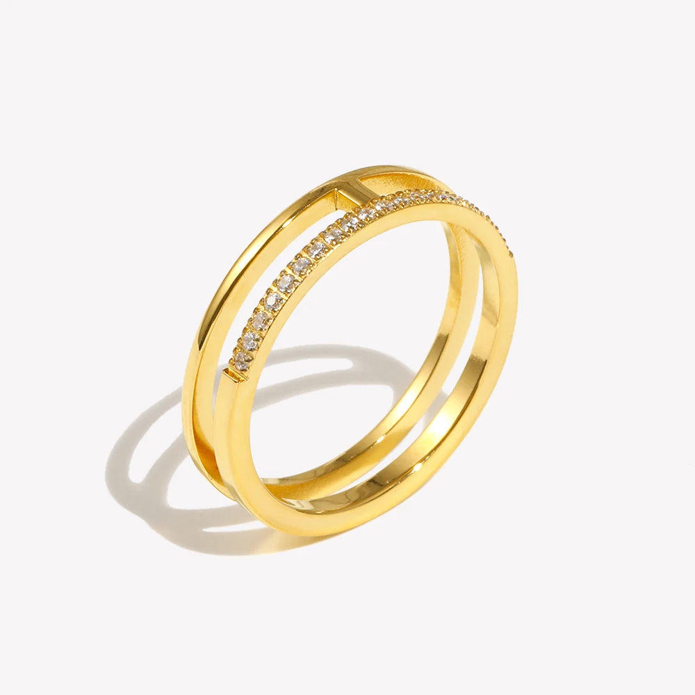 Ebbelle estilo minimalista dupla camada strass anel básico pilha jóias de aço inoxidável 18k banhado a ouro para meninas festa
