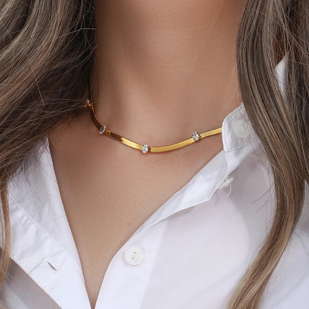 E.B.belle Design elegante oval quadrado zircão pedra espinha de peixe corrente gargantilha colar de aço inoxidável 18k joias banhadas a ouro