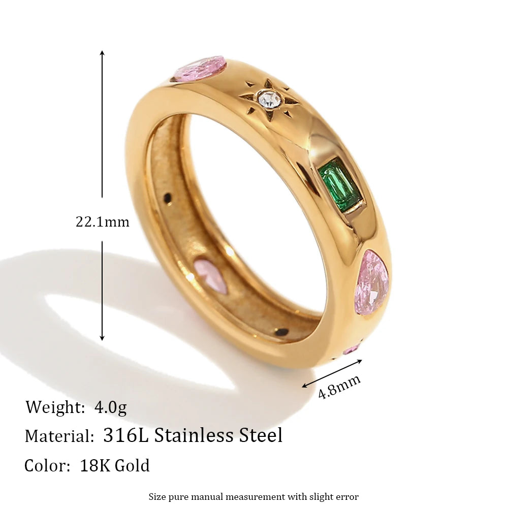 E.B.belle Anel retangular de gota de água com zircão geométrico hipoalergênico 18K banhado a ouro decoração de aço inoxidável 316L