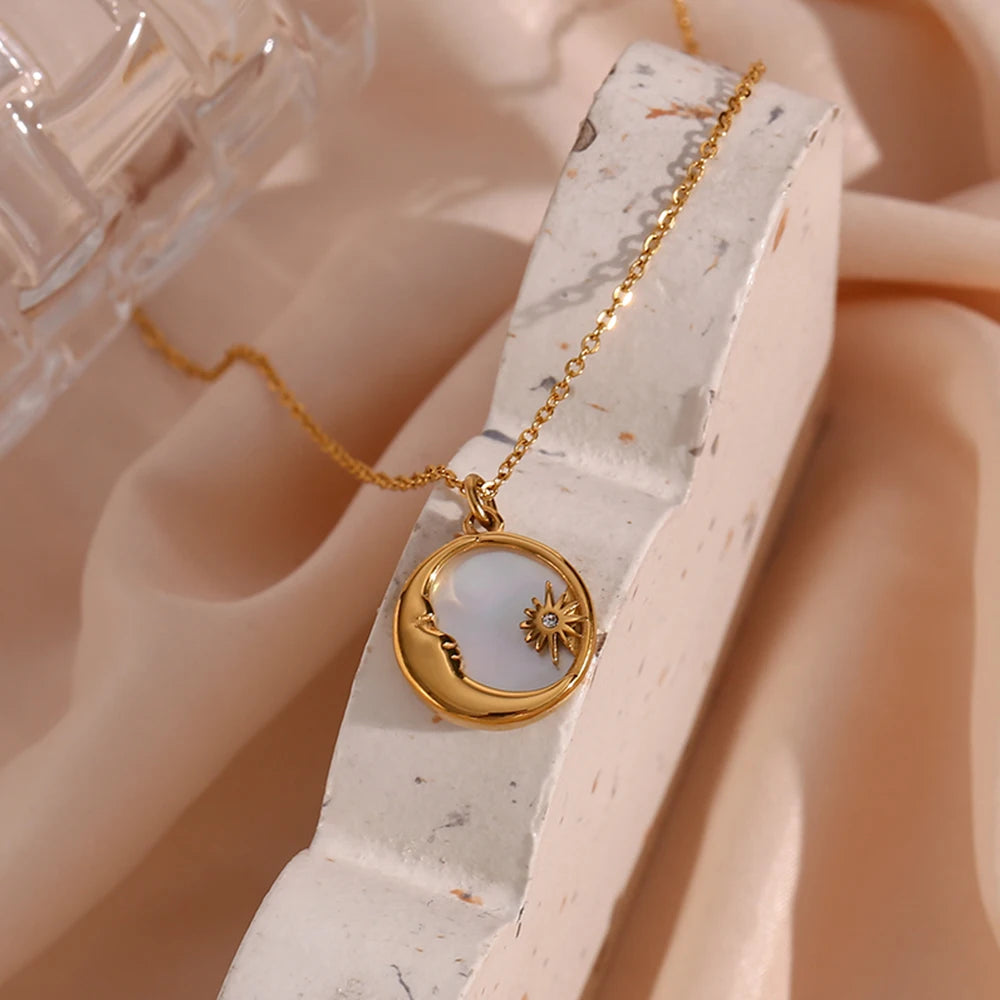 Ebbelle natural mãe de pérola fundição lua estrela círculo moeda colar para mulher 18k banhado a ouro jóias de aço inoxidável